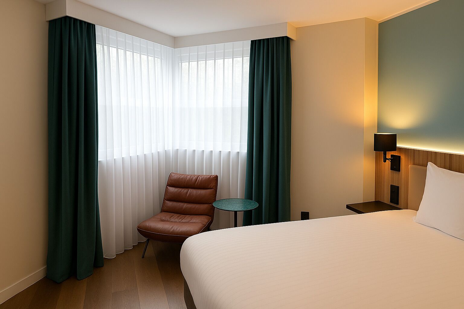Una camera d'albergo con un letto, una sedia, un tavolino e una finestra con tende.