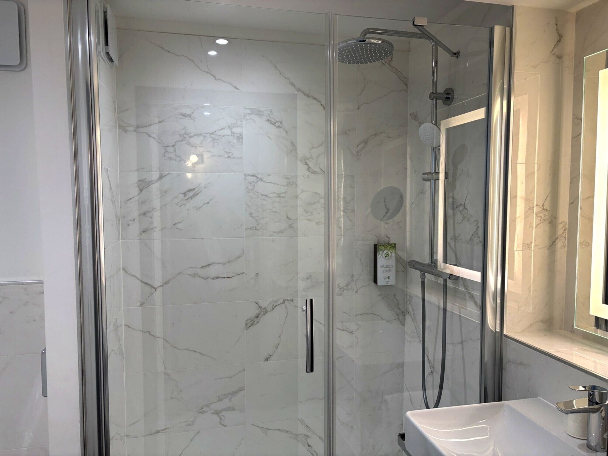 shower, rainfall showerhead, eco-friendly toiletries, hair dryer