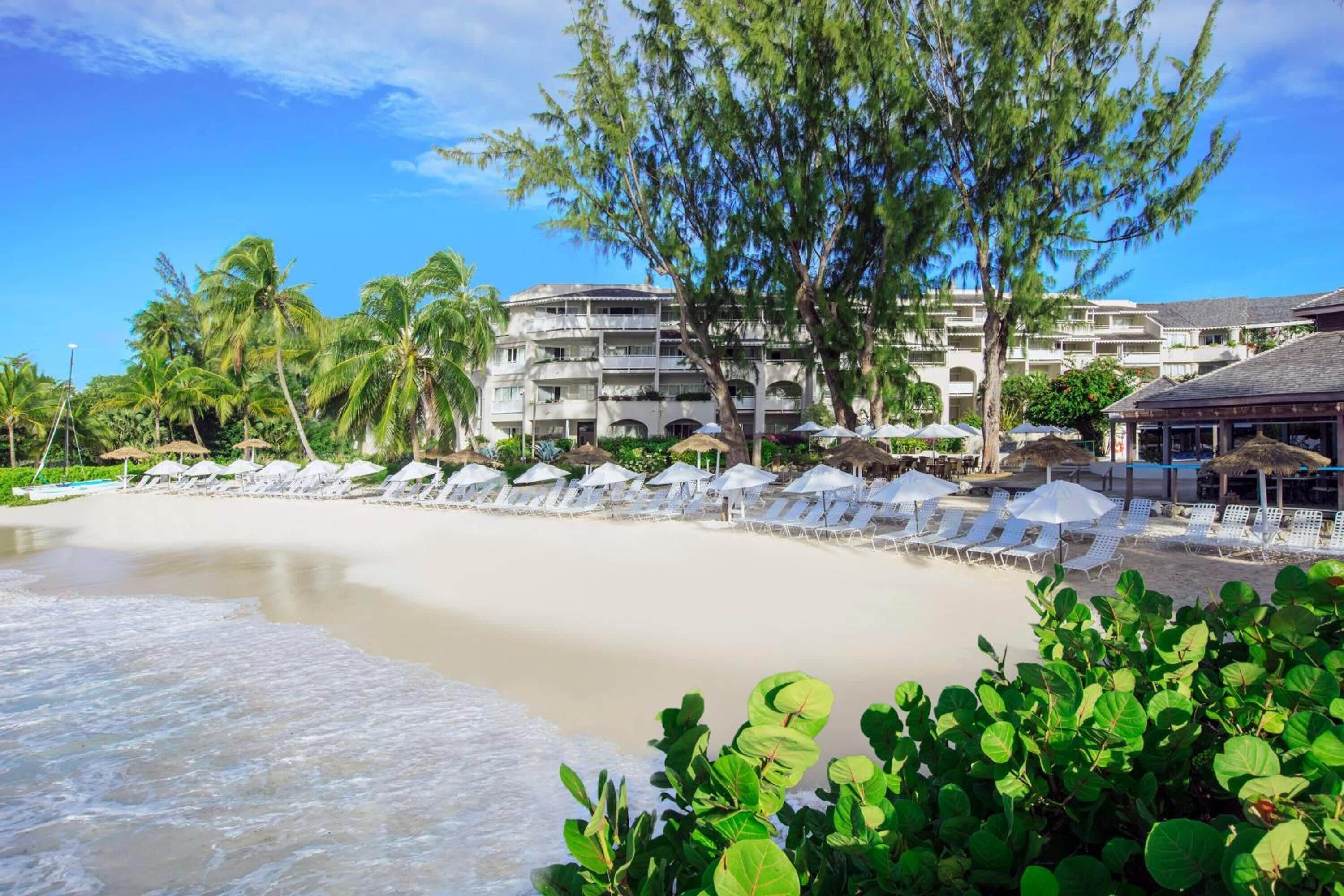 A beachfront hotel with a pool area, palm trees, and a beach.