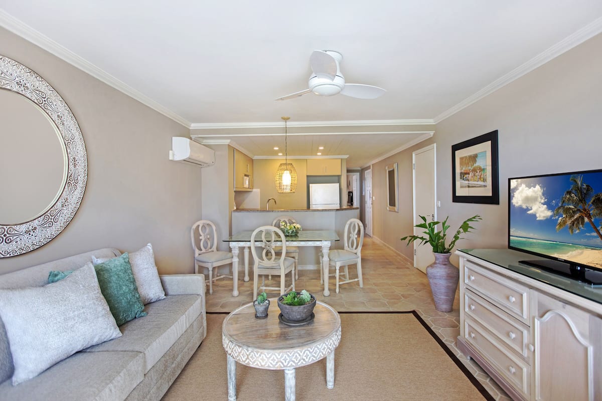 A living room with a sofa, a coffee table, a TV, and a dining area with chairs and a table.
