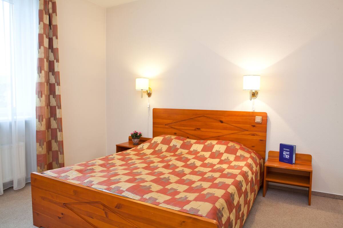 Een netjes opgemaakt bed met een bedsprei met een patroon, twee nachtkastjes met lampen, en een kleine potplant op één nachtkastje.