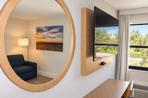 Habitación de hotel con un espejo grande, un televisor de pantalla plana en la pared, un cuadro de un atardecer, un sillón azul, una mesa y una ventana con vistas a zonas verdes.