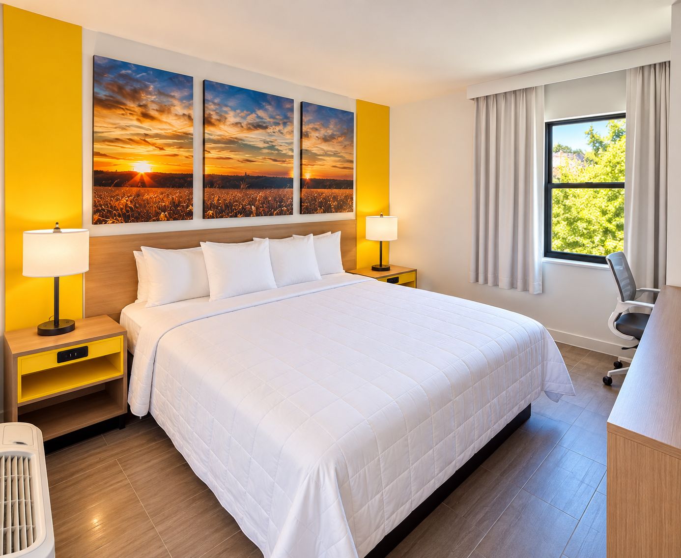 Habitación de hotel con una cama grande, dos mesitas de noche con lámparas, un escritorio con silla y una ventana con cortinas.