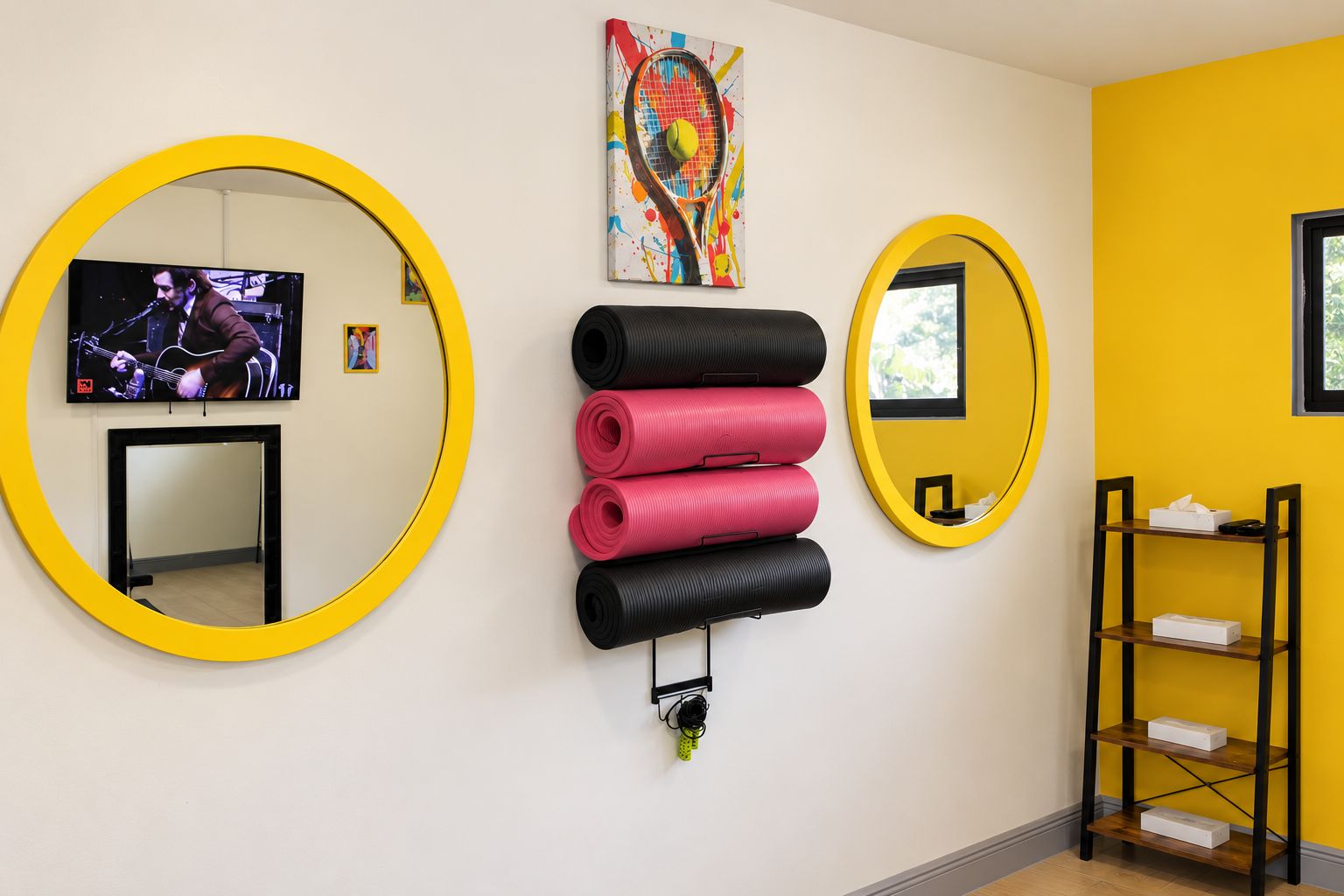 A room with two large circular mirrors, a television, a colorful abstract painting, and a shelf with yoga mats.
