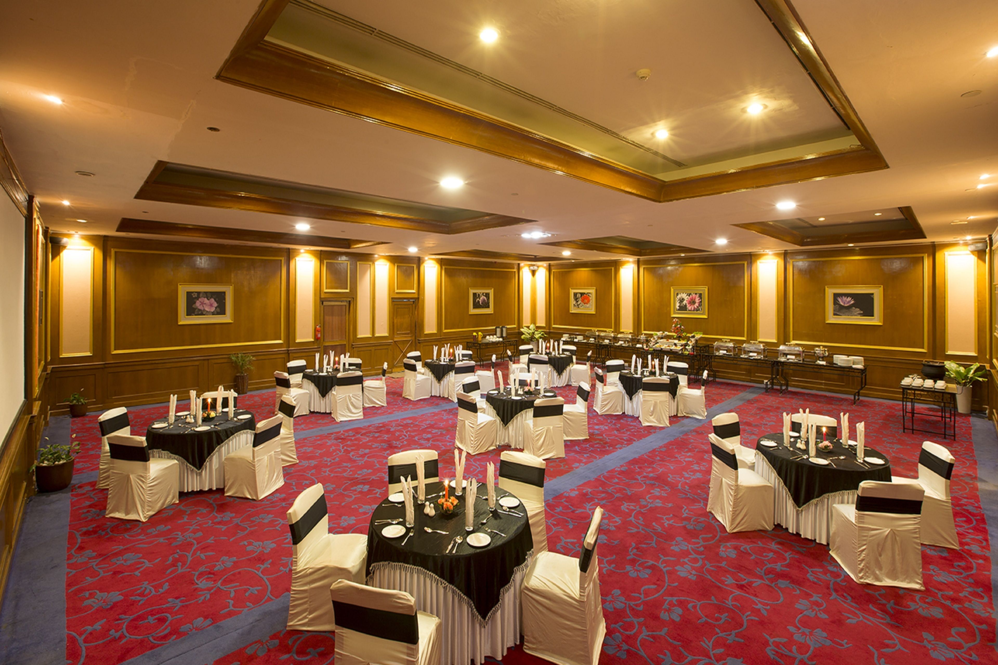 A banquet hall with round tables, white chairs, and red carpeting.