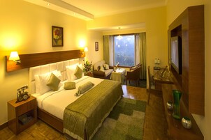 Hotelkamer met een groot bed, een bureau, een stoel, een televisie en een raam met gordijnen.