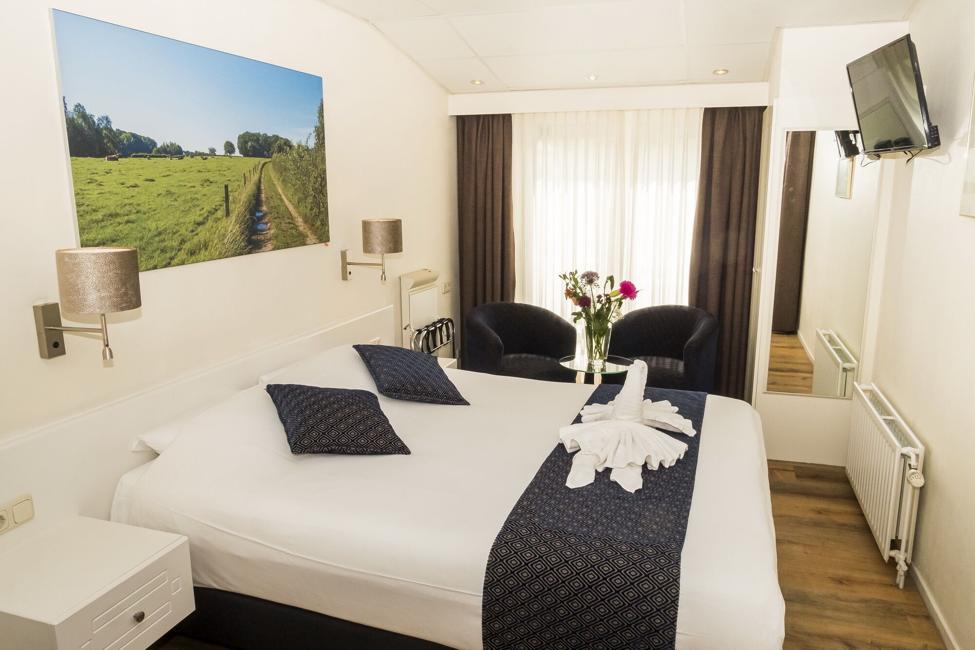 A hotel room with a large bed, two chairs, a TV, and a painting of a field.