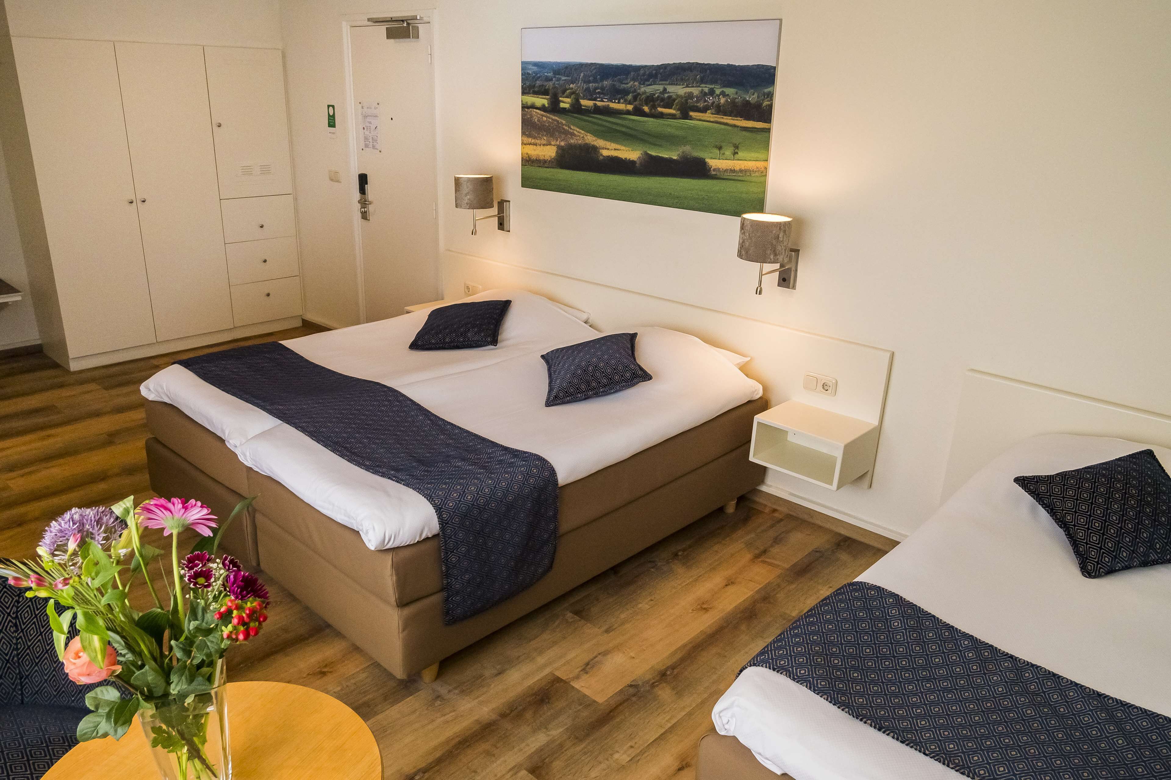 A double bed with a blue blanket and pillows, a bedside table with a lamp, a wooden floor, a wardrobe, and a painting of a landscape on the wall.