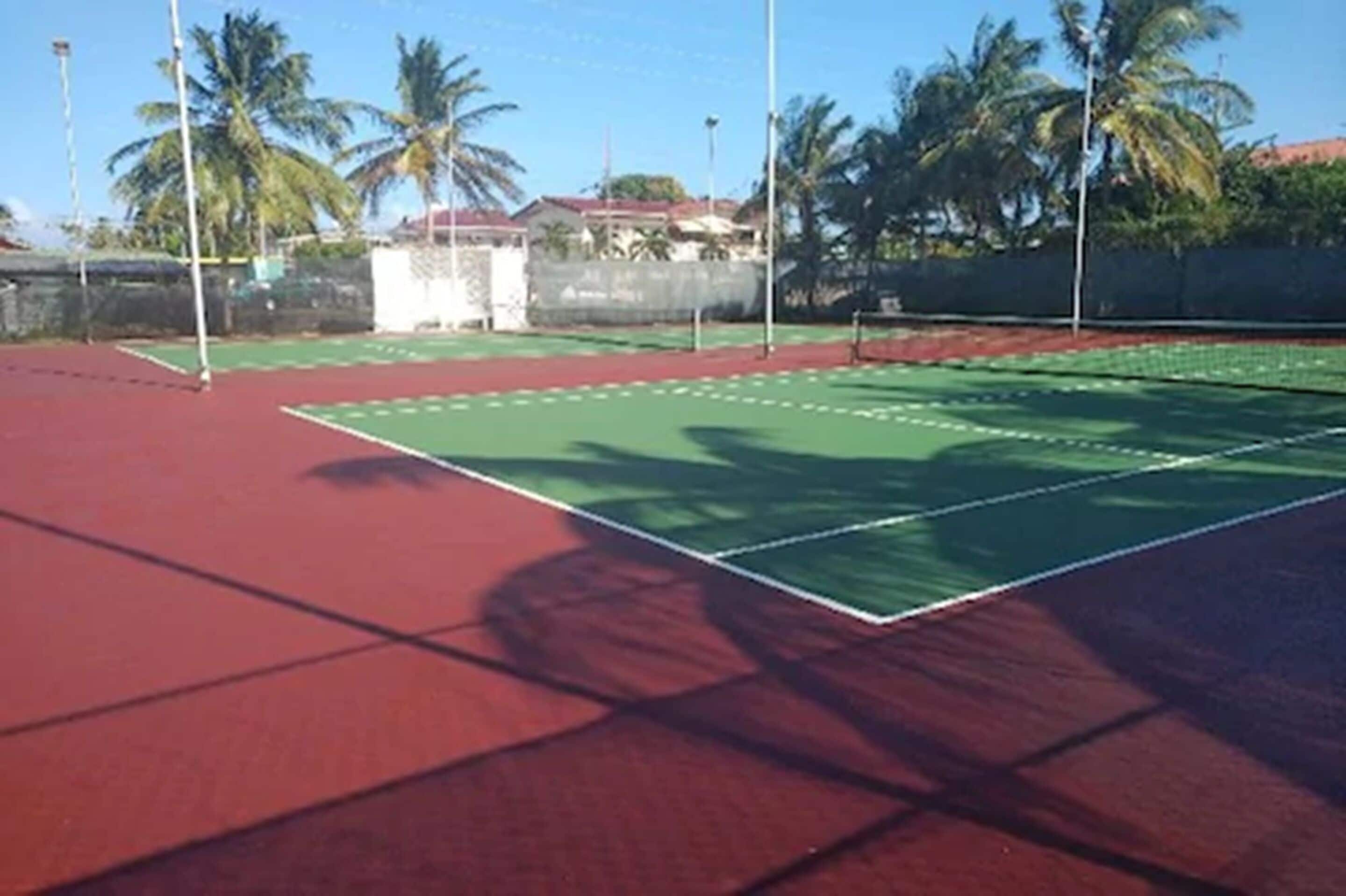 Una cancha de tenis con superficie roja y marcas verdes, rodeada de palmeras y un edificio al fondo.