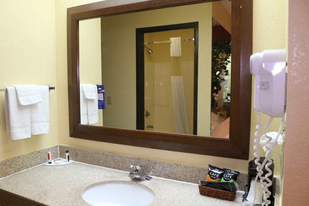 A bathroom with a sink, mirror, towel rack, and a hairdryer.