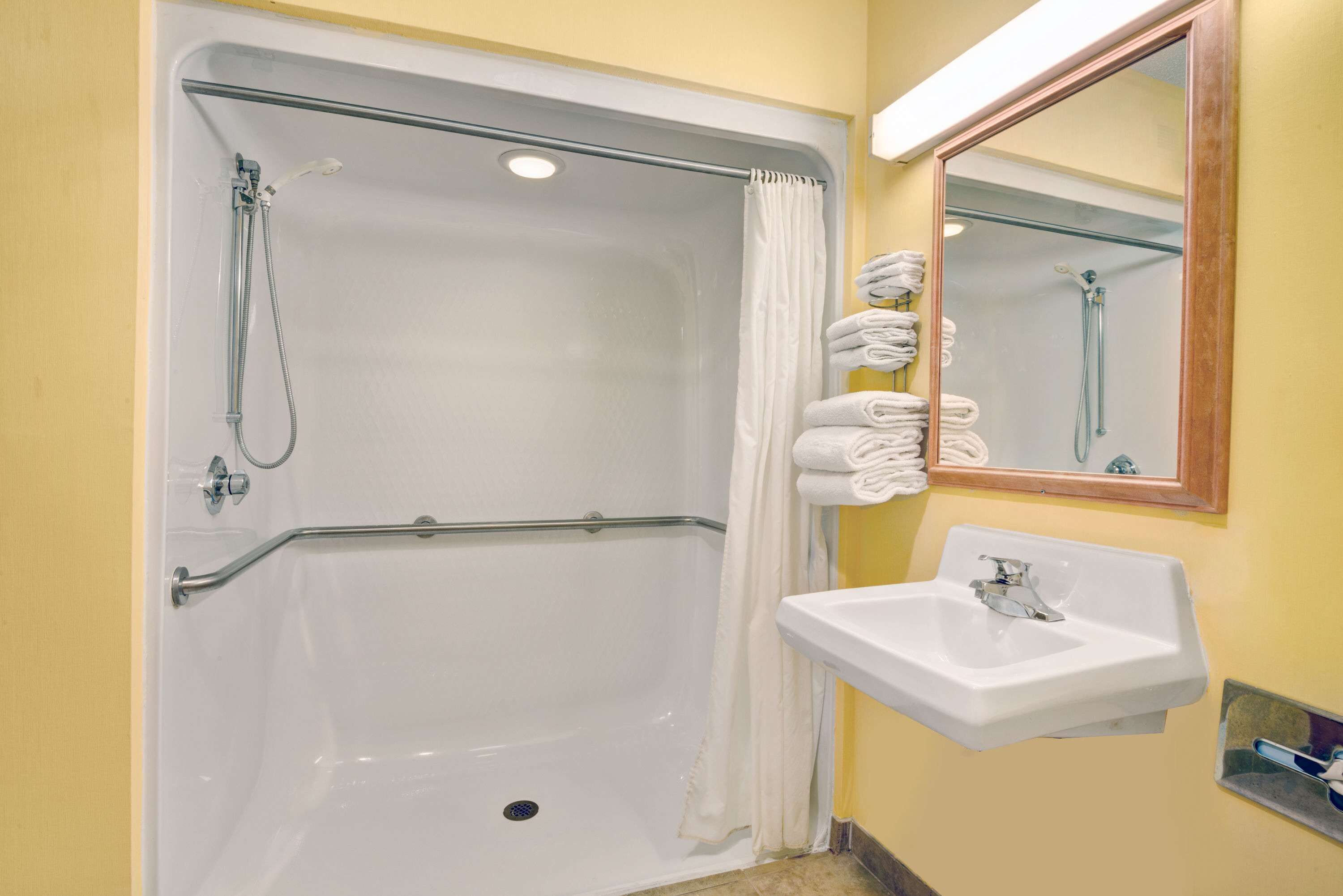 A bathroom with a walk-in shower, a sink, and a mirror.
