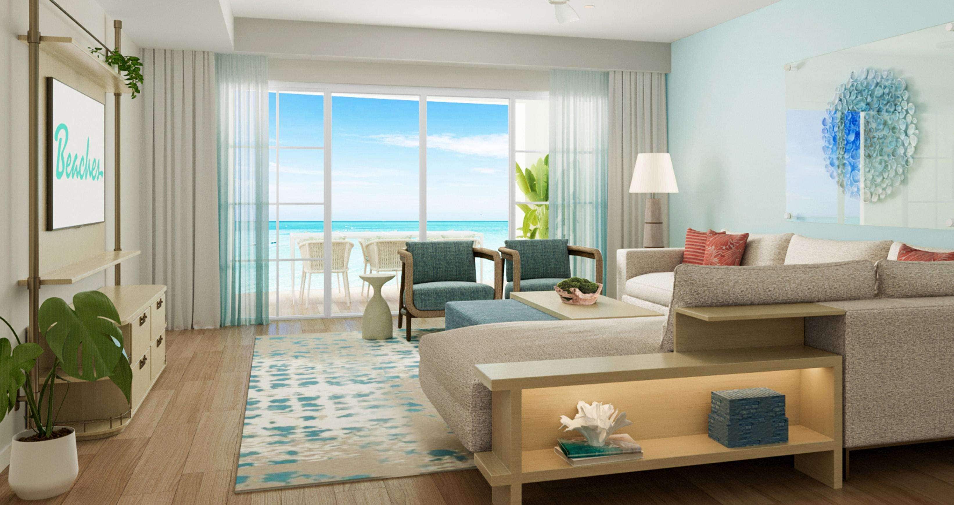A hotel room with a large window, a sofa, a chair, a small table, and a potted plant.