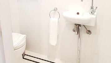 A bathroom with a white toilet, a sink with chrome fixtures, and a towel rack.