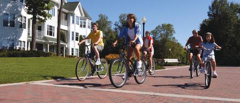 A group of people riding bicycles on a brick pathway.