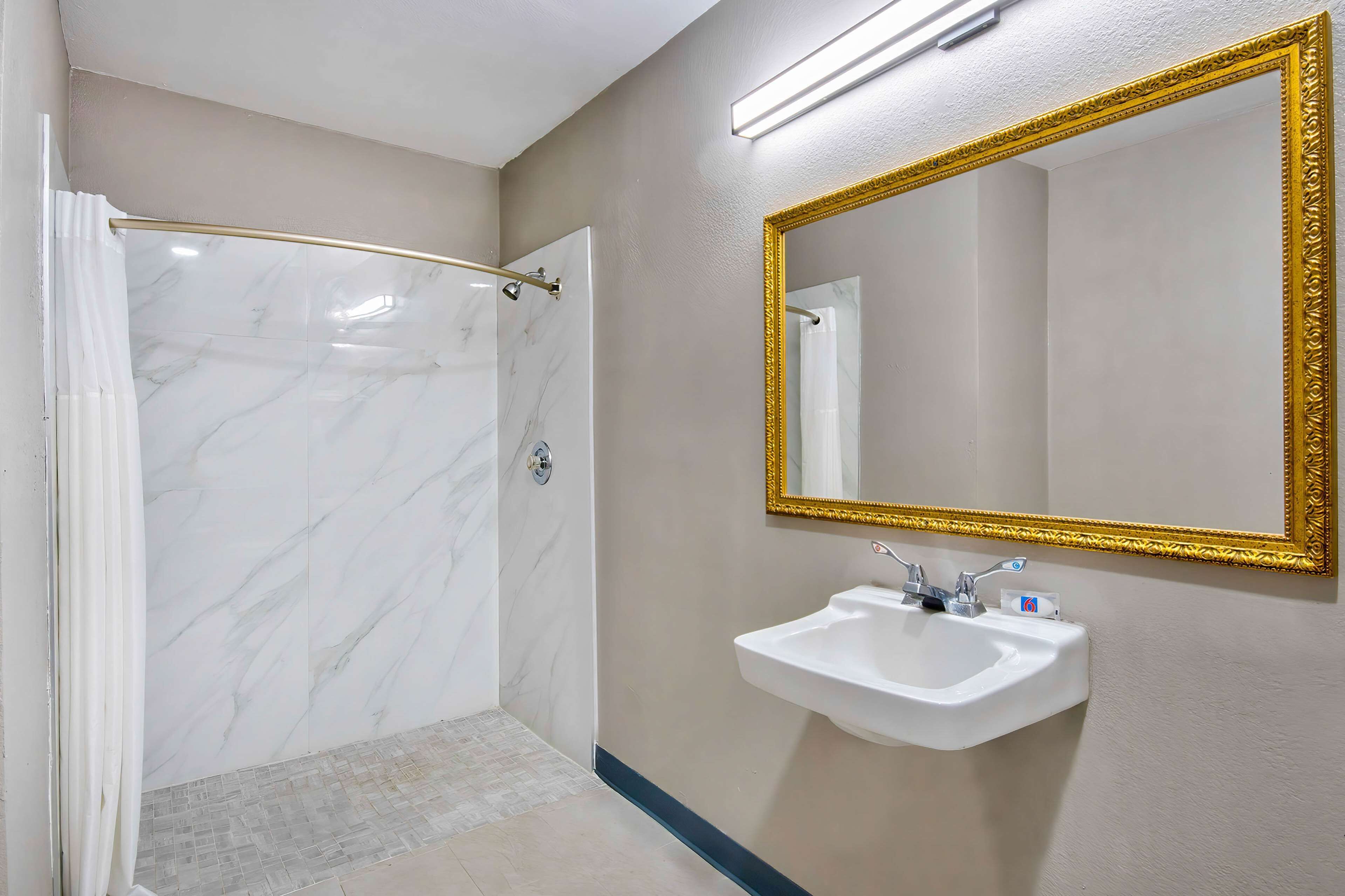 A bathroom with a shower, a sink, and a large mirror with a gold frame.