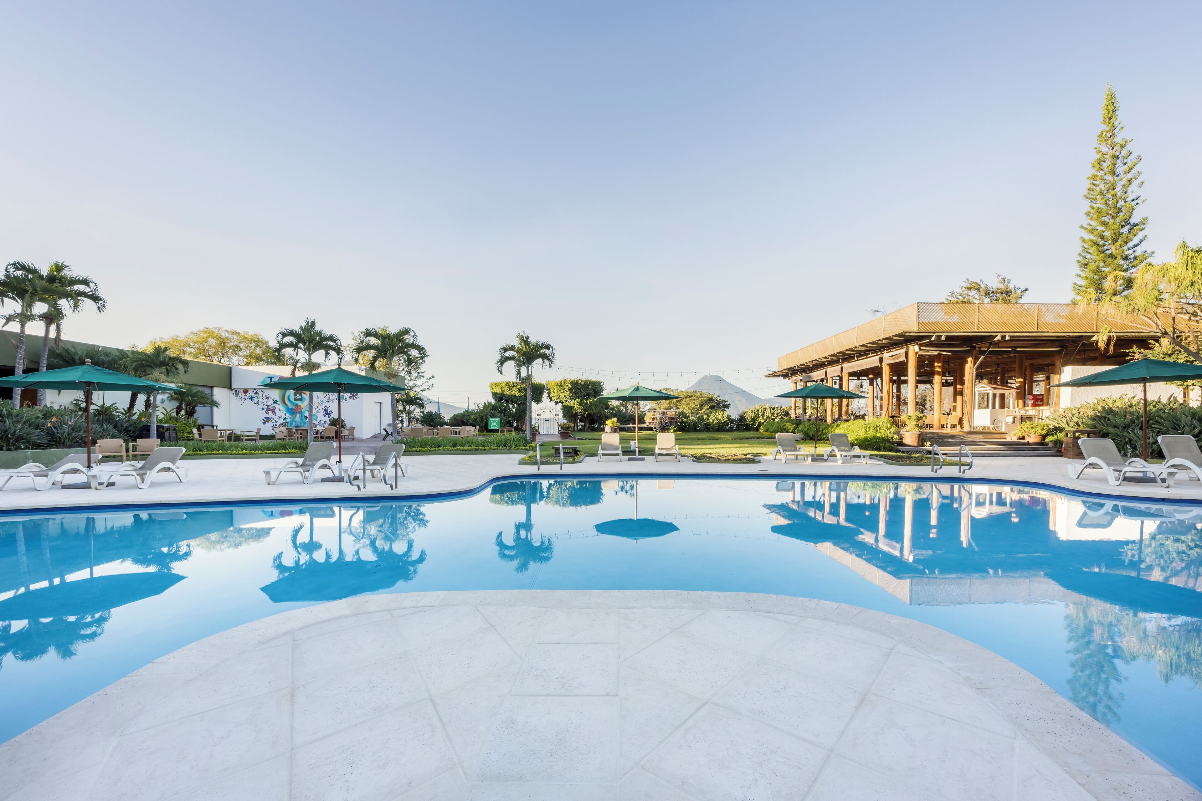 Alberca al aire libre, sombrillas en la alberca y camastros 