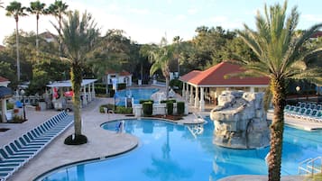 2 outdoor pools, open 8:00 AM to 11:00 PM, pool umbrellas, pool loungers