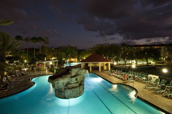 2 outdoor pools, pool umbrellas, pool loungers