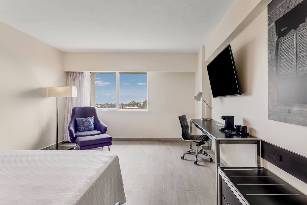 A hotel room with a bed, a desk, a chair, a TV, and a window with a city view.