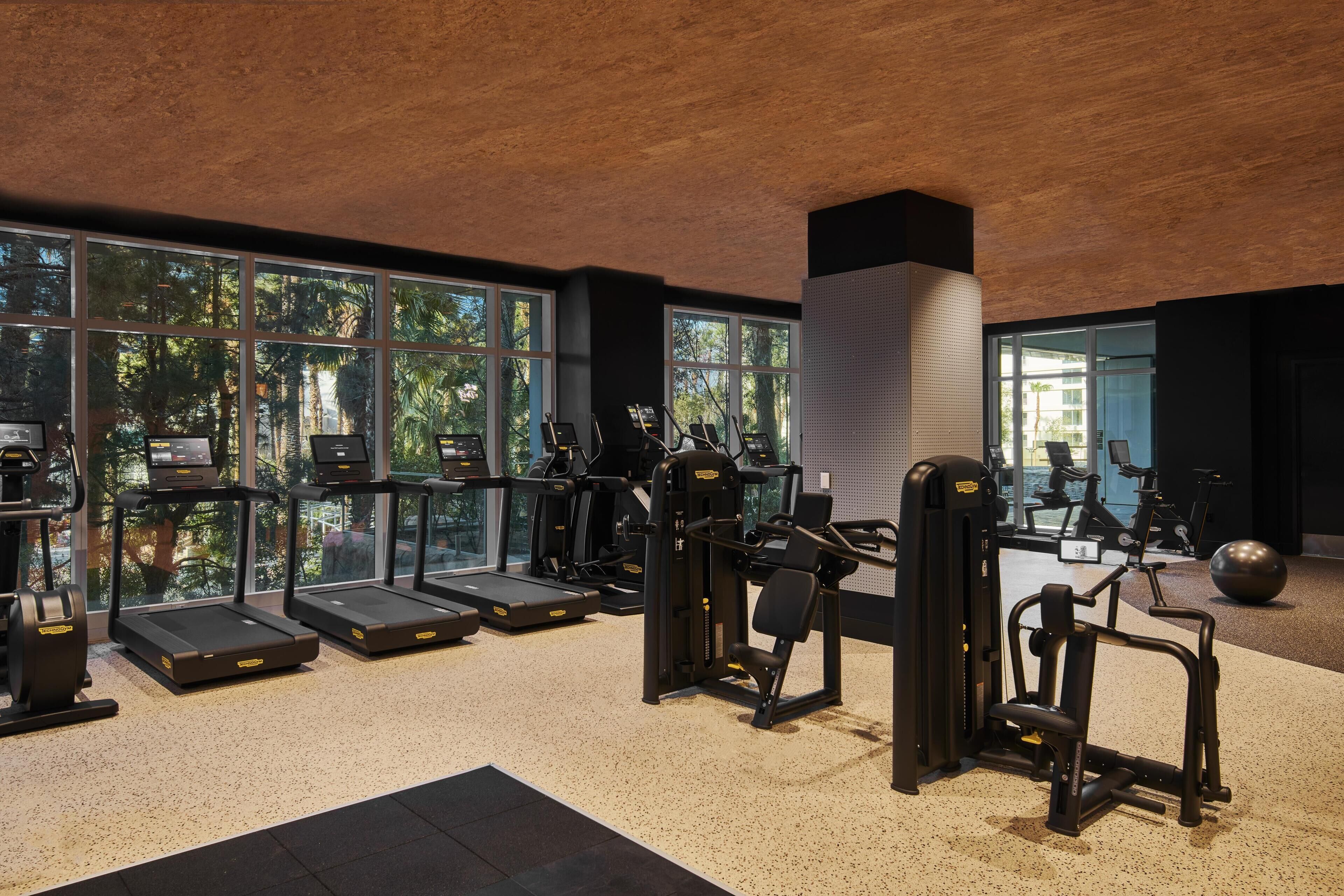 A gym with treadmills, weight machines, and a large window overlooking trees.