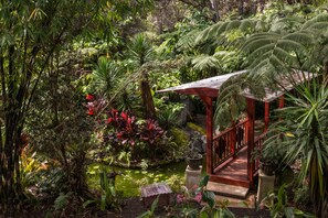 A lush garden with a wooden gazebo, a pond, and various tropical plants. - Chalet Kilauea (Volcano)