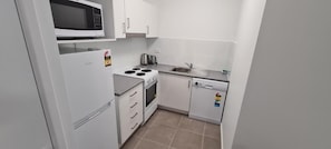 Full-sized fridge, microwave, oven, stovetop