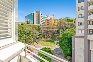 A view from a balcony overlooking a parking area with a red car, a green park, and buildings in the background. - Chasely Apartment Hotel (Auchenflower)