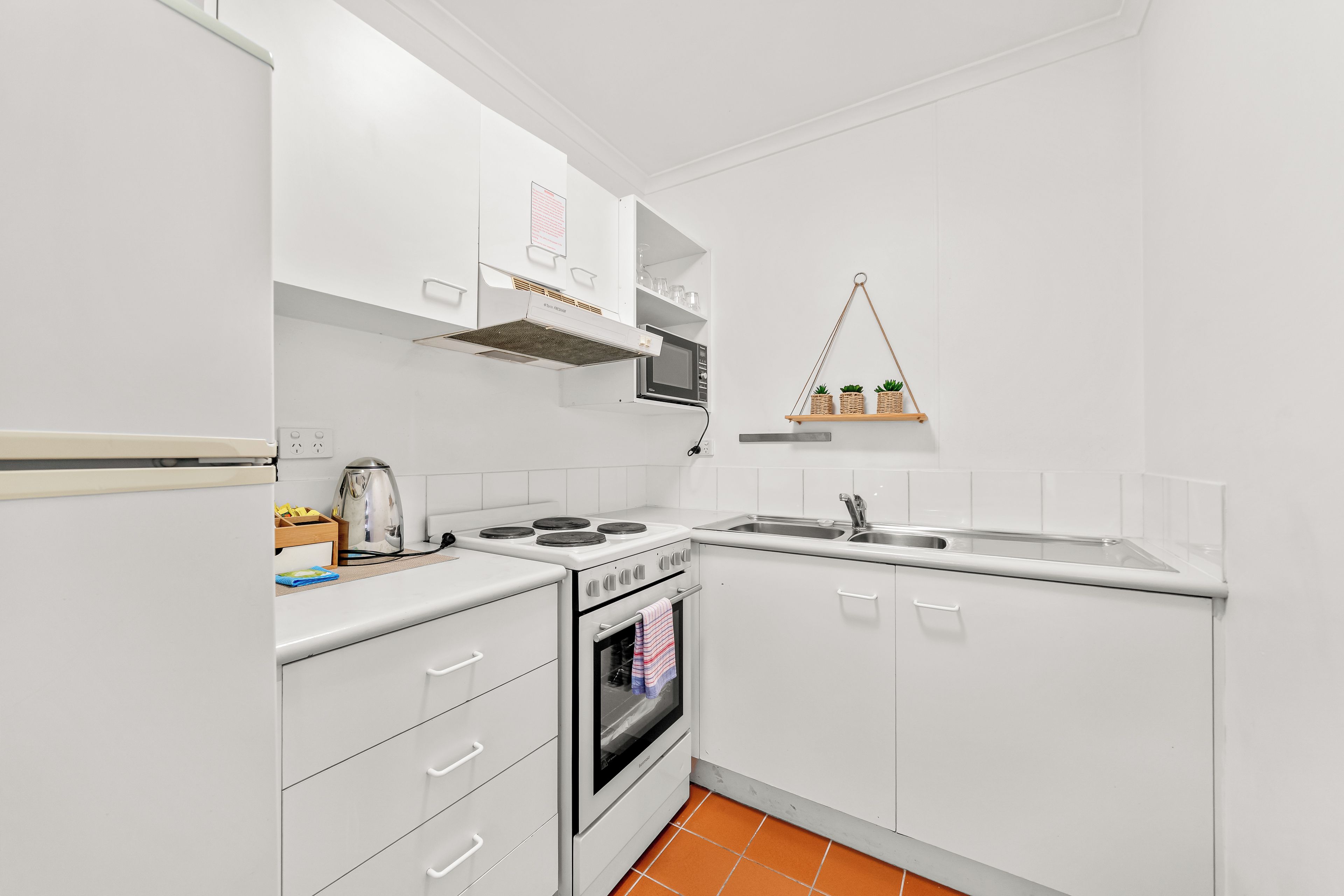 A modern kitchen with white cabinetry, a stove, oven, and a hanging shelf with plants.
