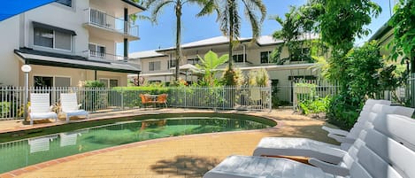 Outdoor pool, pool loungers