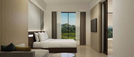 Habitación de hotel moderna con cama, sofá, televisión y vistas a un campo de golf.
