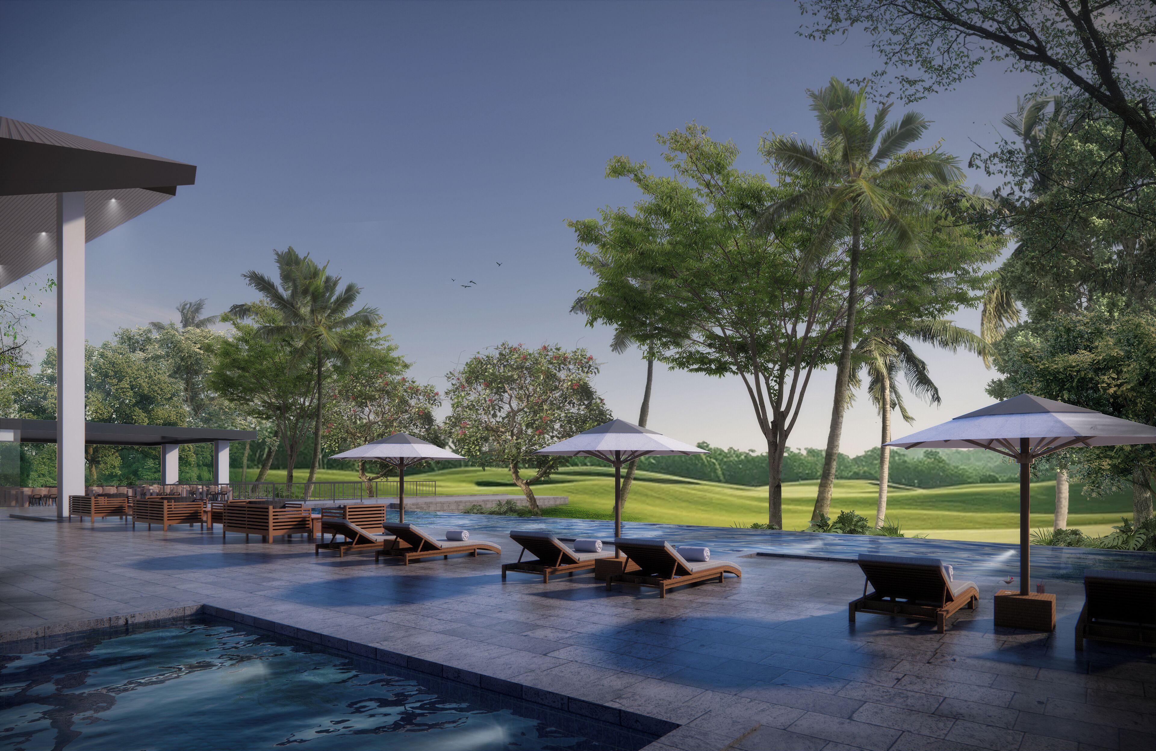 Outdoor pool, pool umbrellas