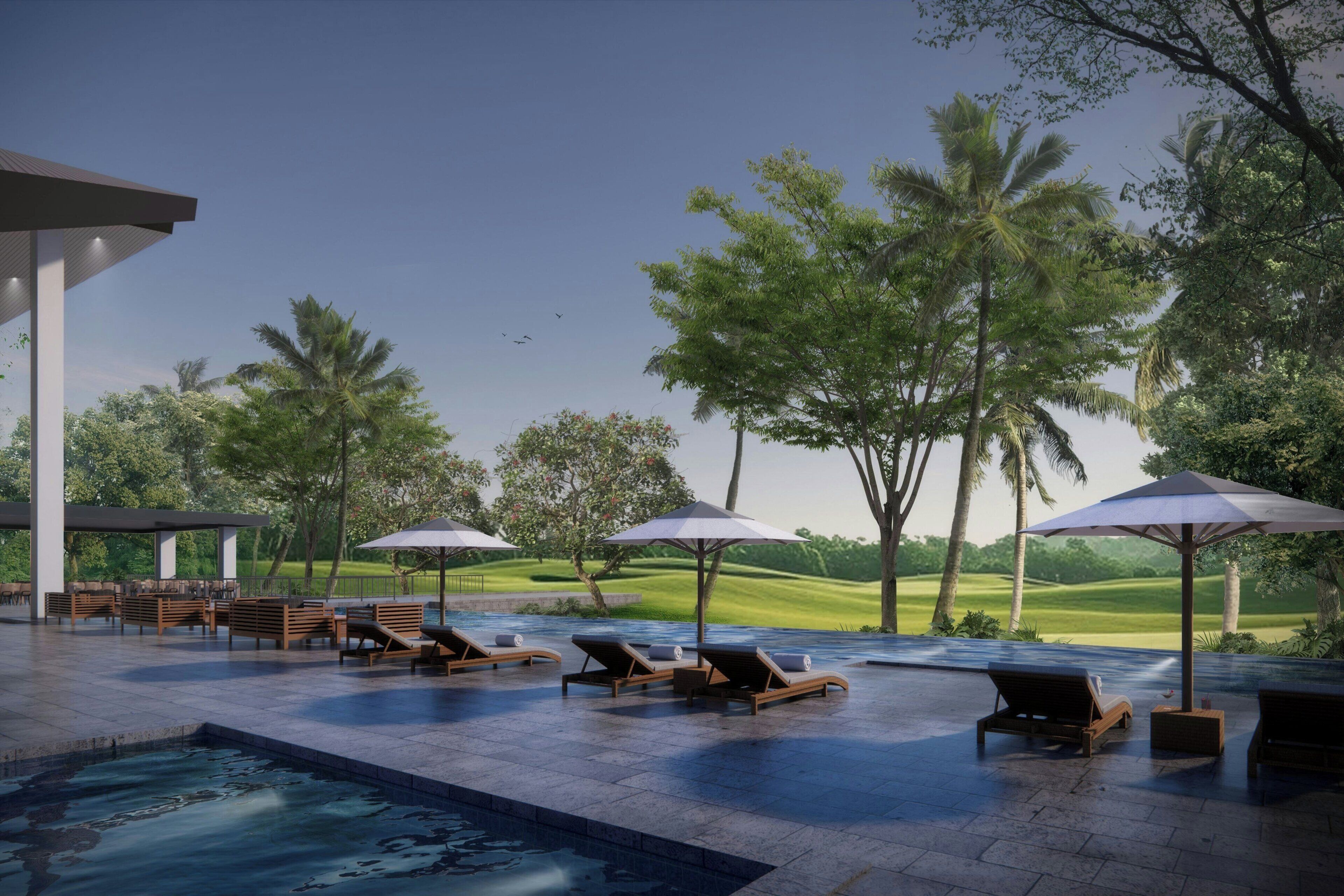 Kolam renang outdoor, dengan payung kolam renang