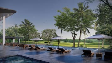 Kolam renang outdoor, dengan payung kolam renang