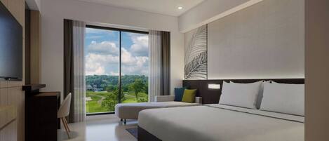 A modern hotel room with a large bed, a desk, and a view of a golf course.