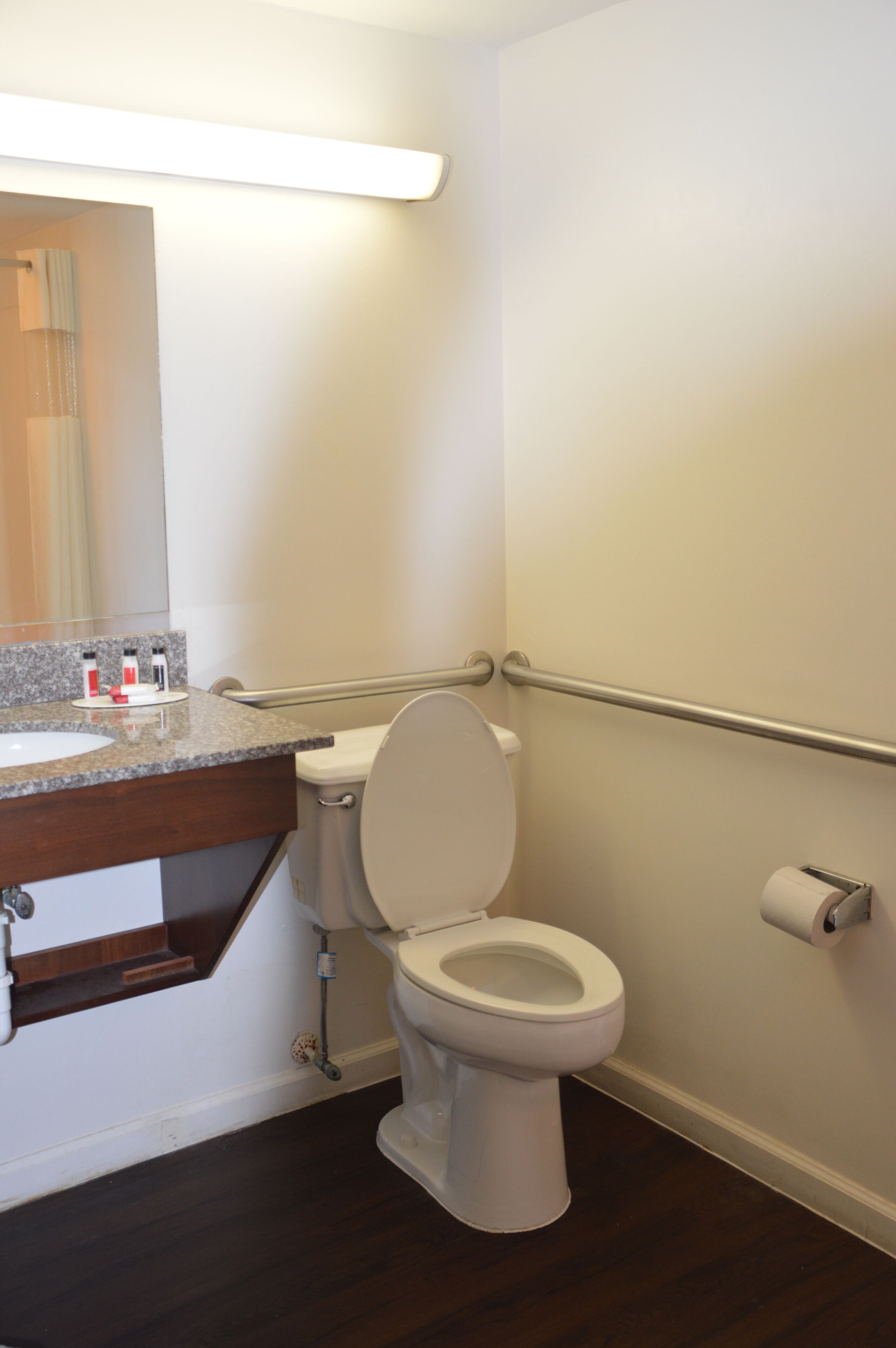 Un baño con un inodoro blanco, un tocador de madera con un espejo y un pasamanos en la pared.