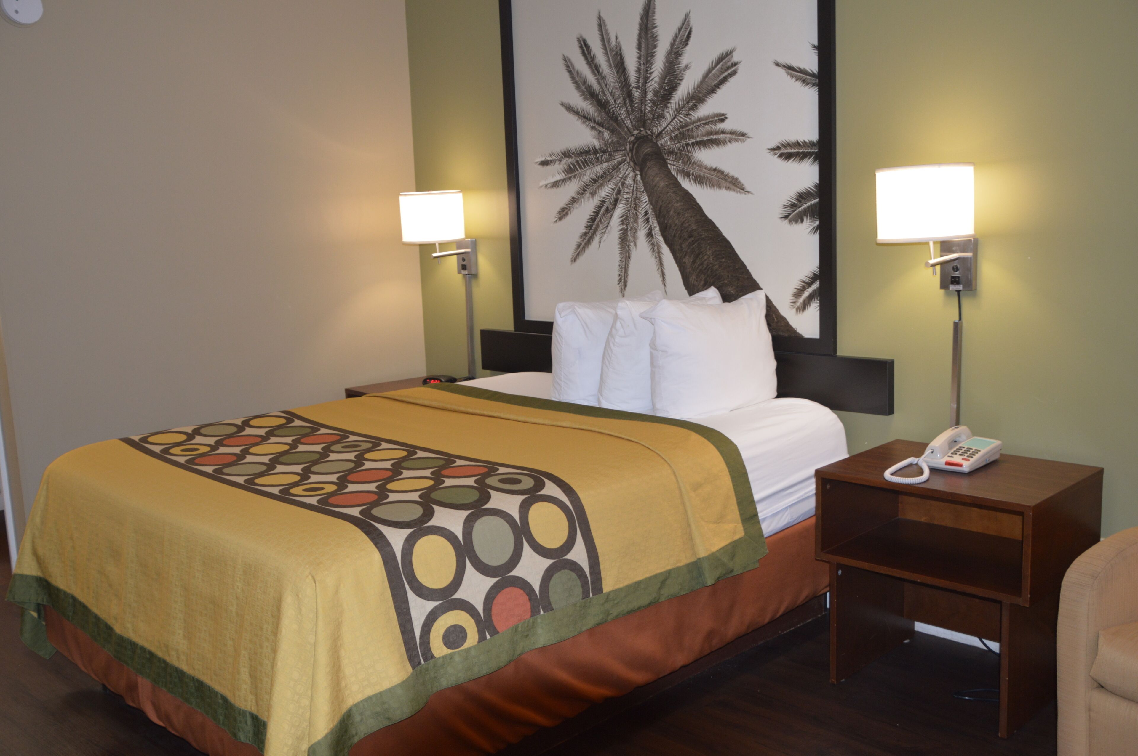 A hotel room with a bed, two bedside lamps, a nightstand with a phone, and a large palm tree painting on the wall.