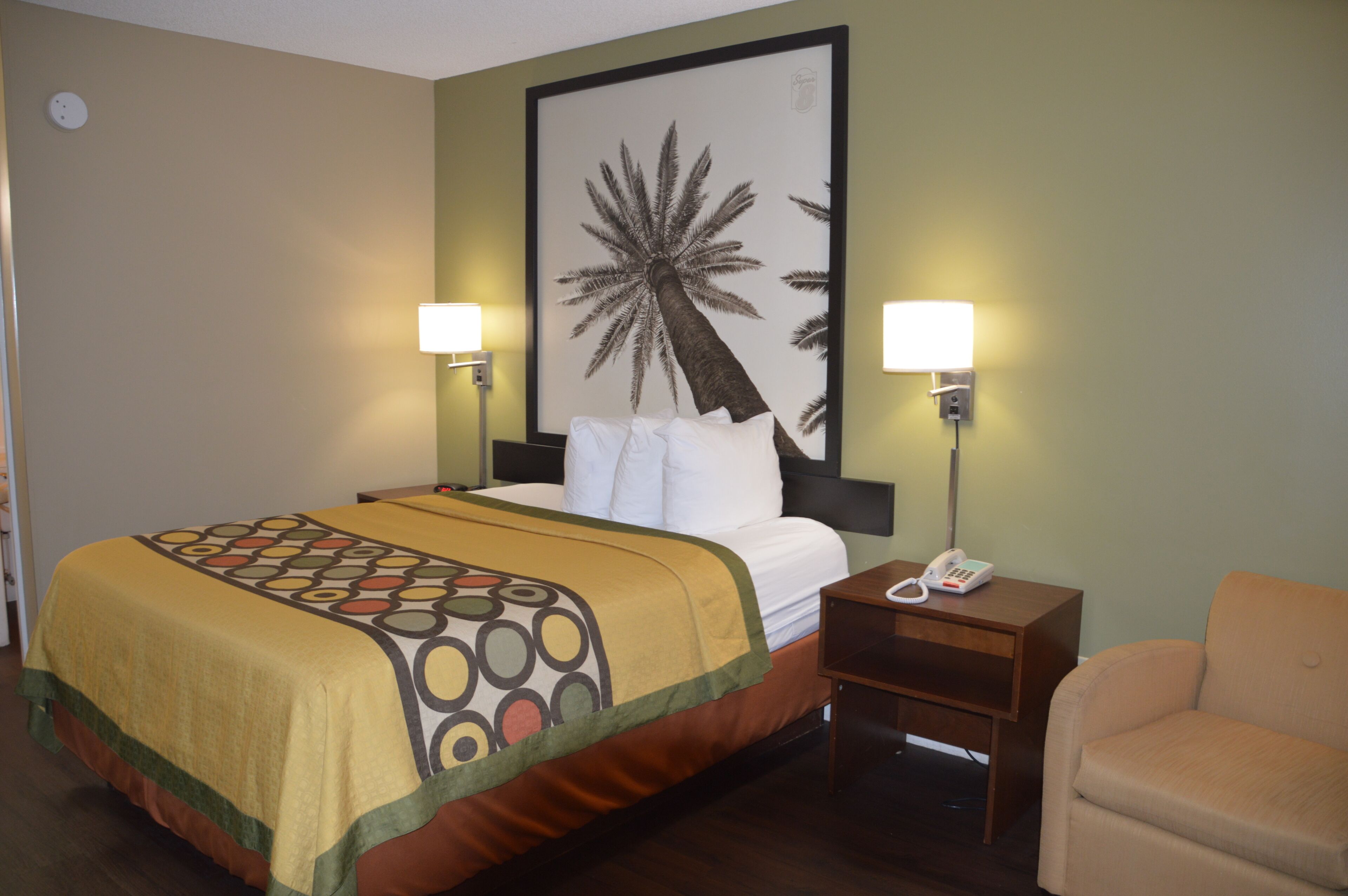 Habitación de hotel con una cama, dos lámparas de noche, una mesita de noche con un teléfono, una silla y un cuadro grande de una palmera en la pared.