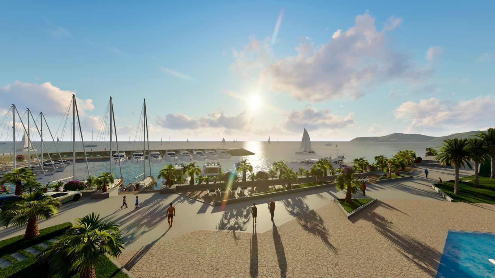 Un port de plaisance avec des bateaux amarrés, une plage bordée de palmiers et un ciel dégagé.