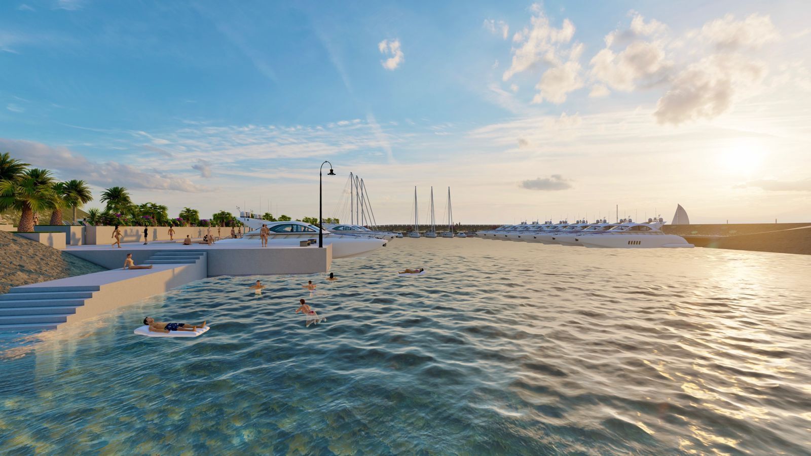 Une zone riveraine dotée d’une piscine, d’un escalier menant à l’eau et, au loin, de plusieurs yachts amarrés.
