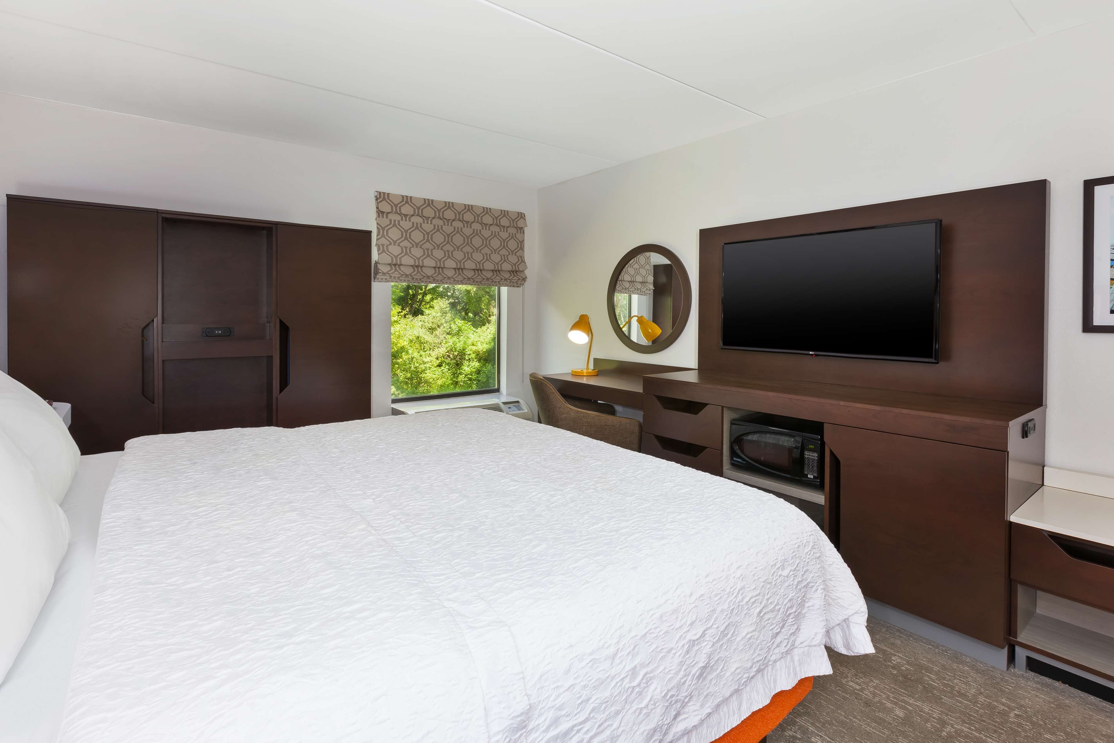A hotel room with a large bed, a desk with a flat-screen TV, a mirror, and a window with a view of greenery.