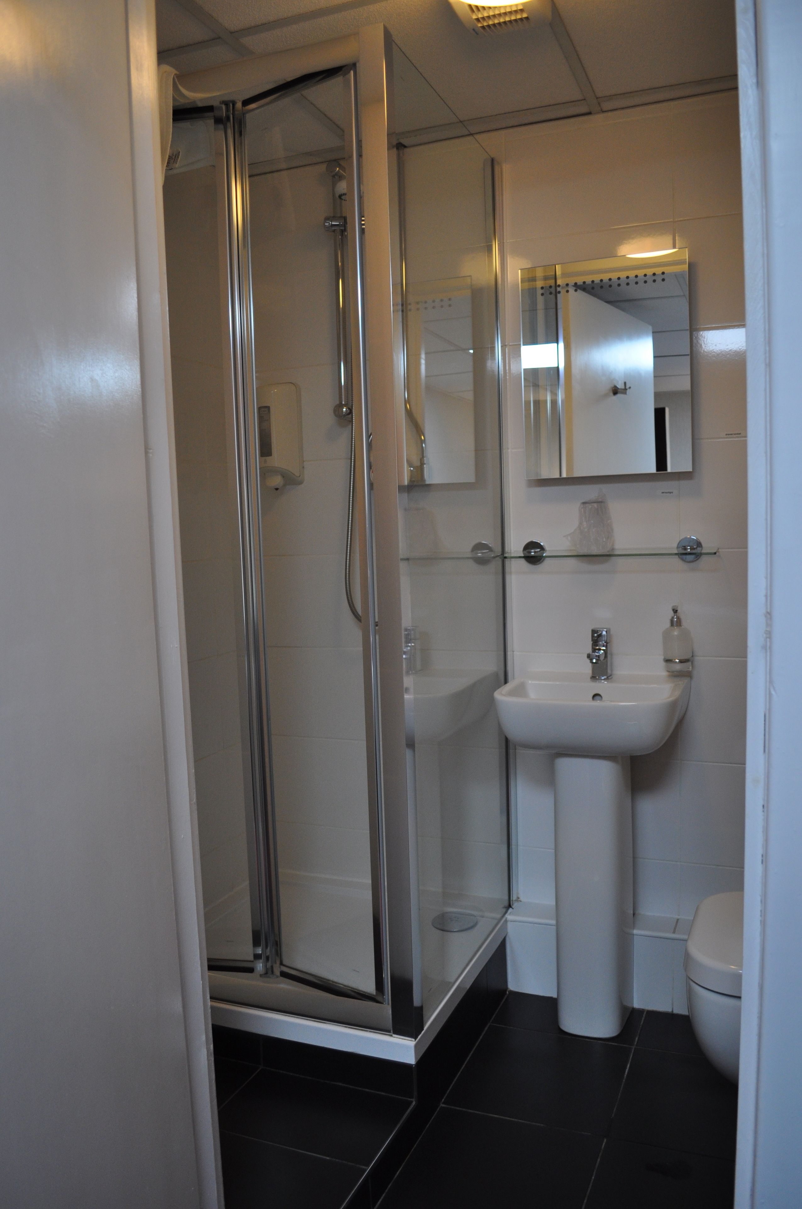 A modern bathroom with a glass-enclosed shower, a white sink, and a toilet.
