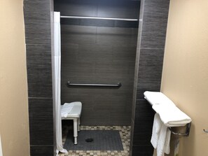 Room, 1 King Bed, Accessible, Non Smoking | Bathroom | Shower, hair dryer, towels