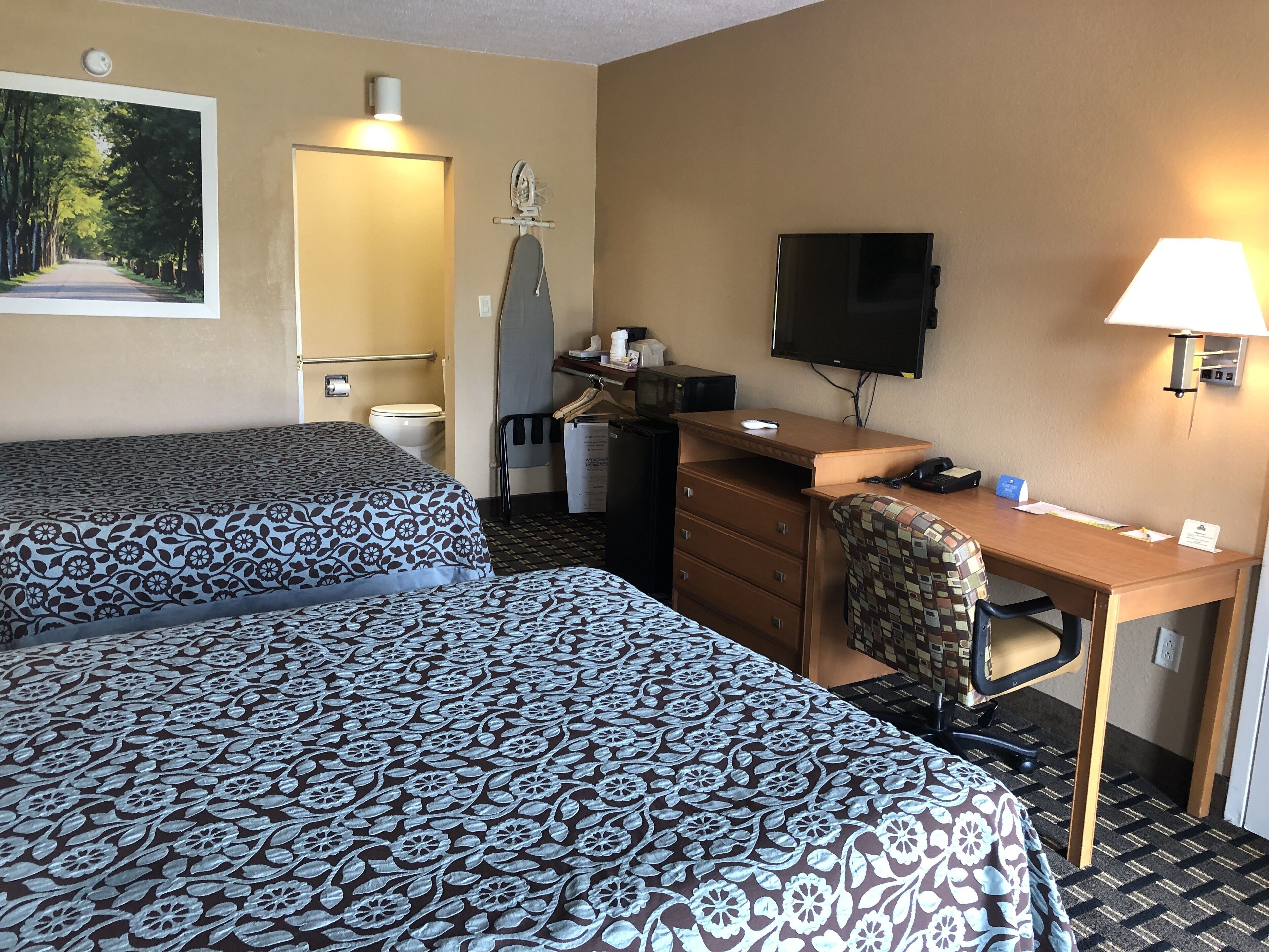 Habitación de hotel con dos camas, un escritorio, una silla, un televisor, un espejo y un cuadro de un camino.