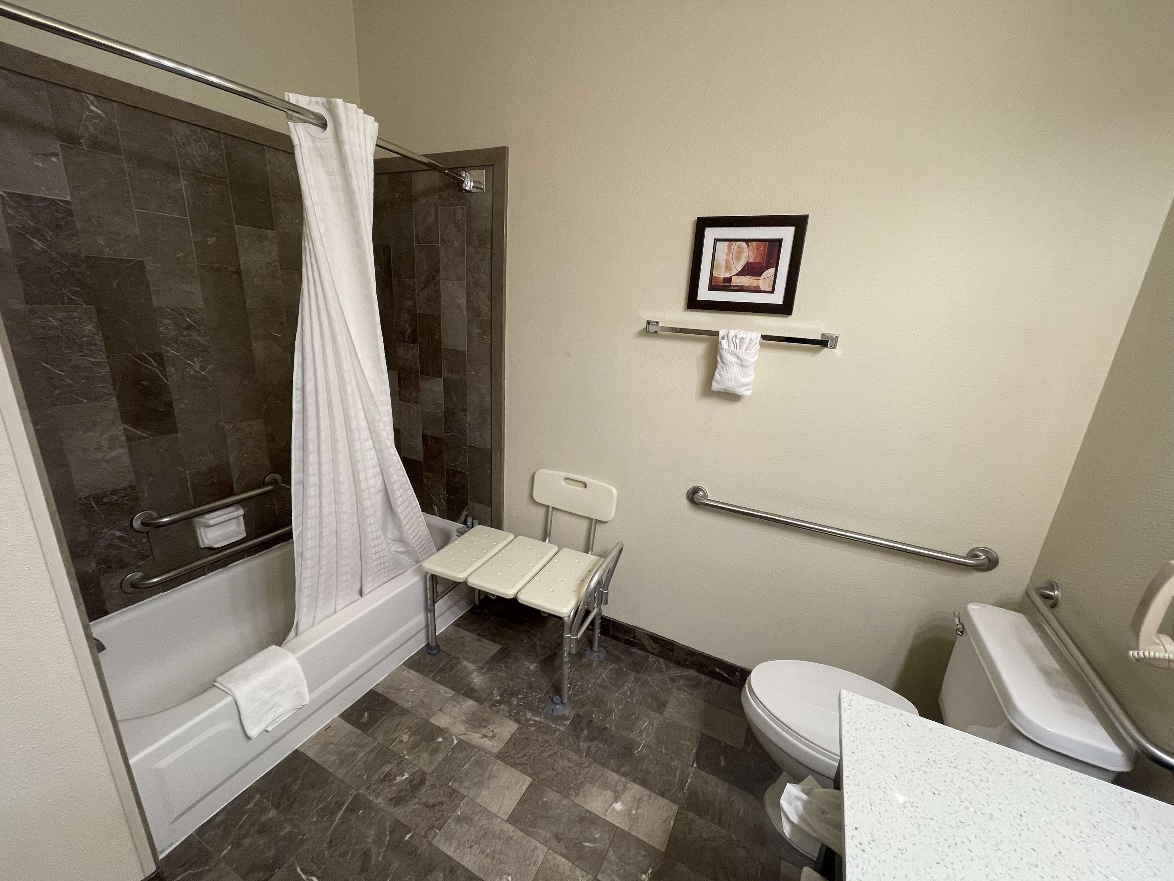 combined shower/bathtub, free toiletries, hair dryer, towels