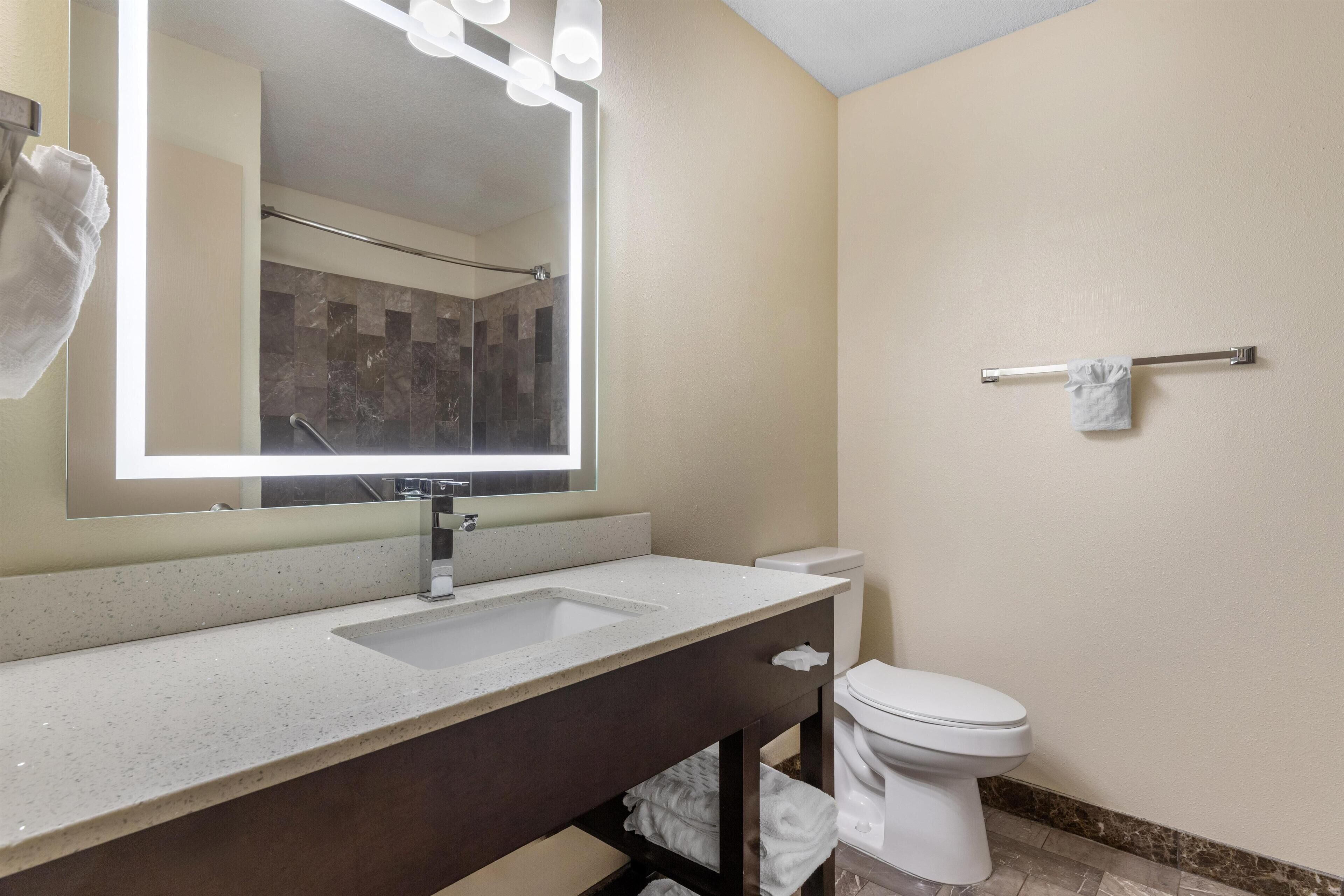 A modern bathroom with a large mirror, a sink, a toilet, and a towel rack.