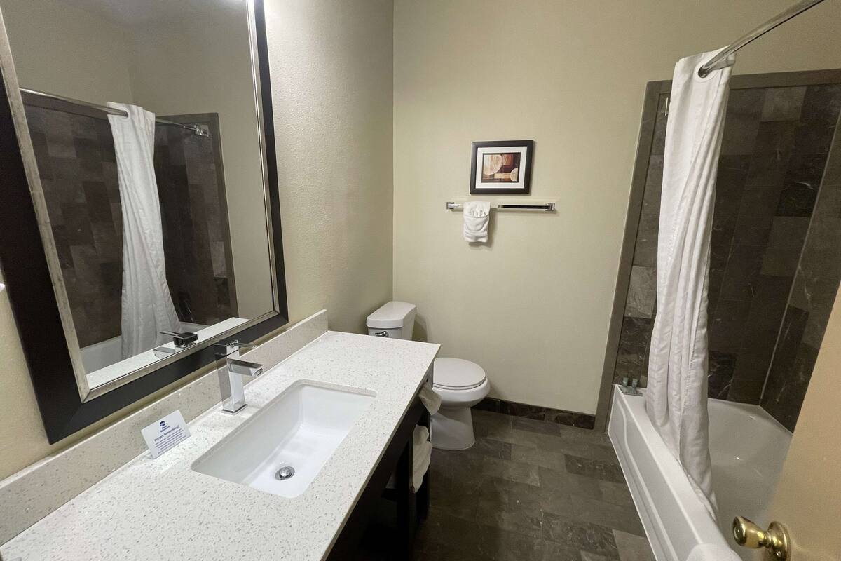 combined shower/bathtub, free toiletries, hair dryer, towels