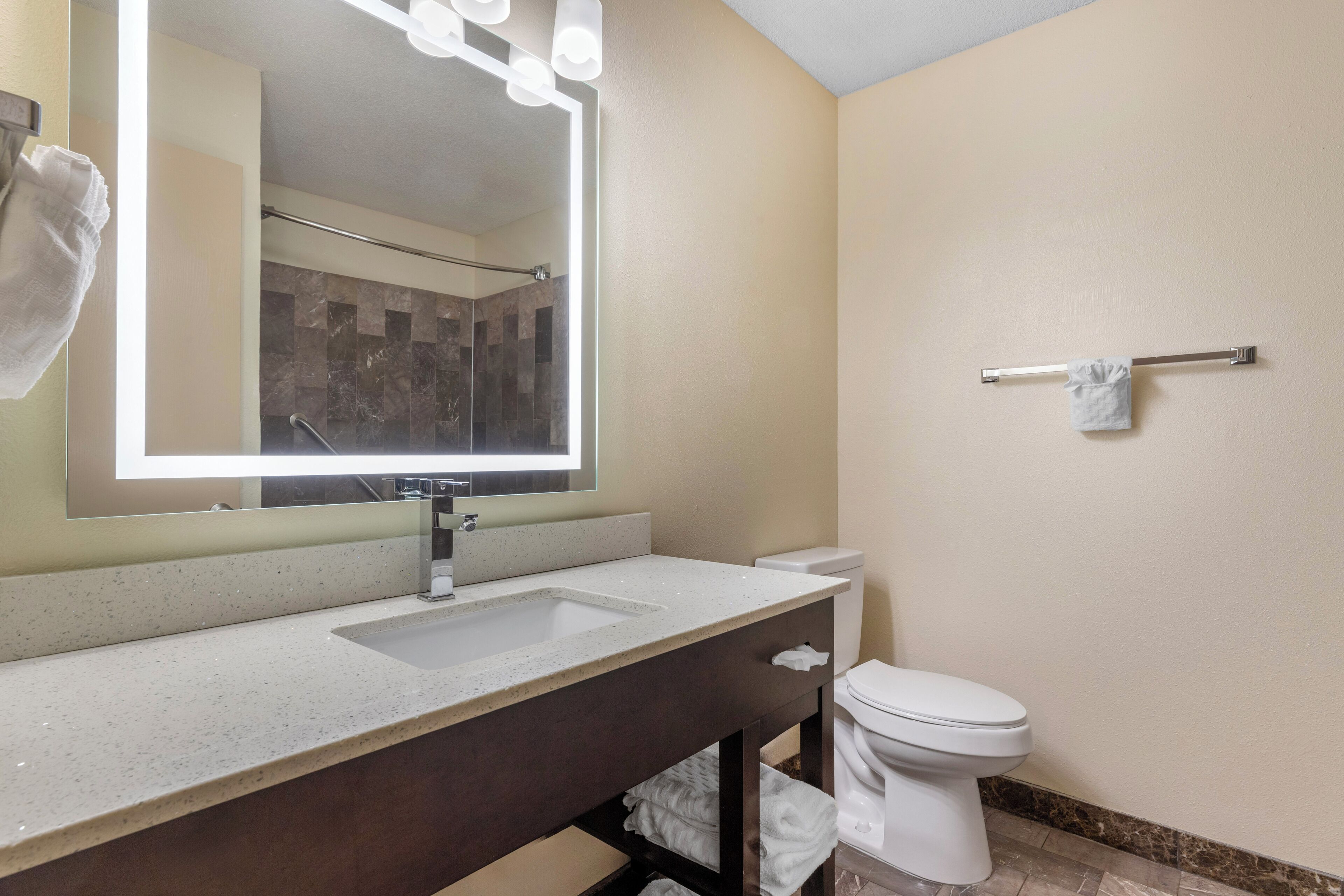 A bathroom with a large mirror, a sink, a toilet, and a towel rack.