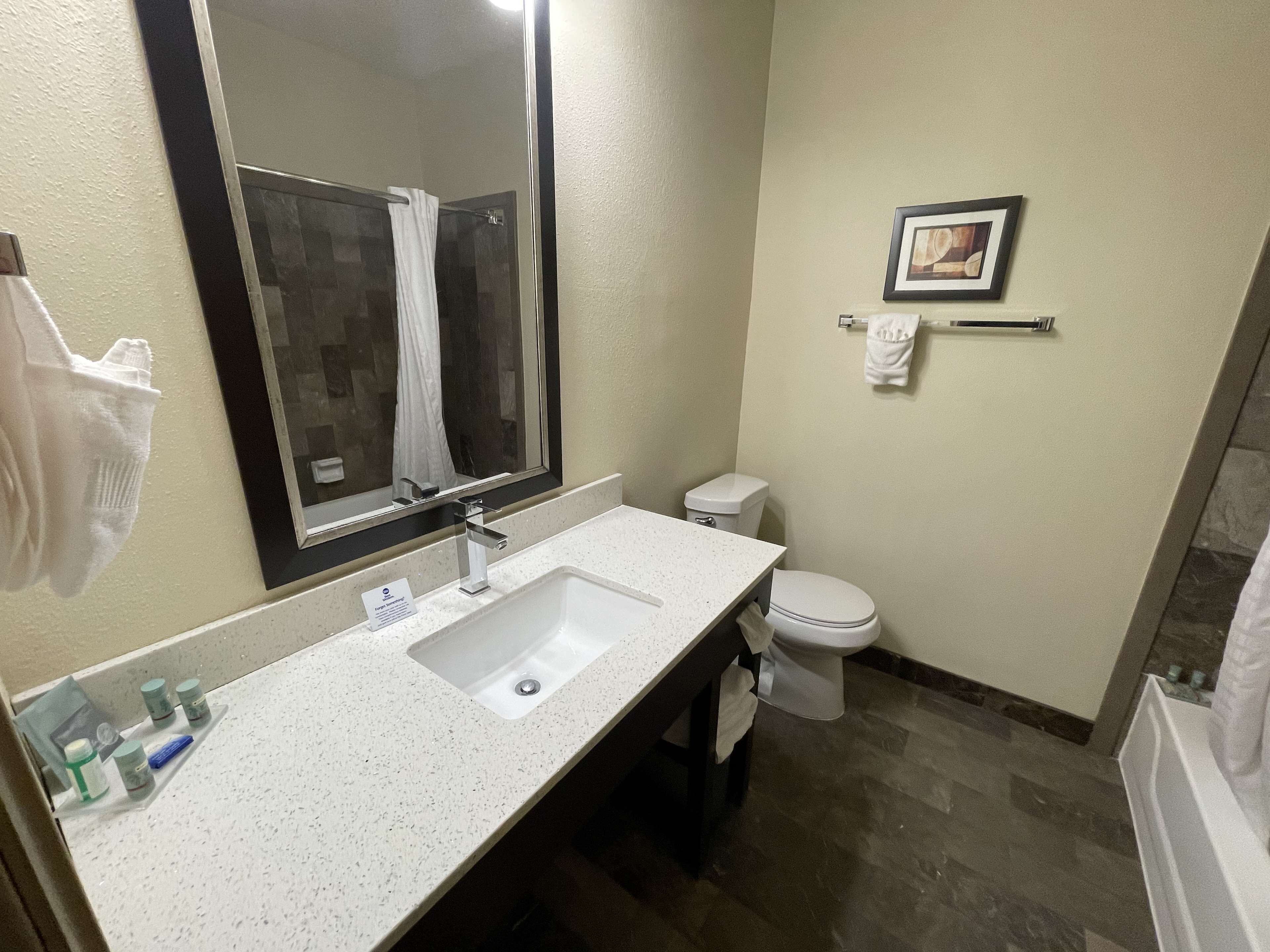 combined shower/bathtub, free toiletries, hair dryer, towels