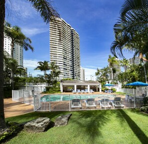 Outdoor pool, a heated pool, open 7 AM to 9 PM, pool umbrellas