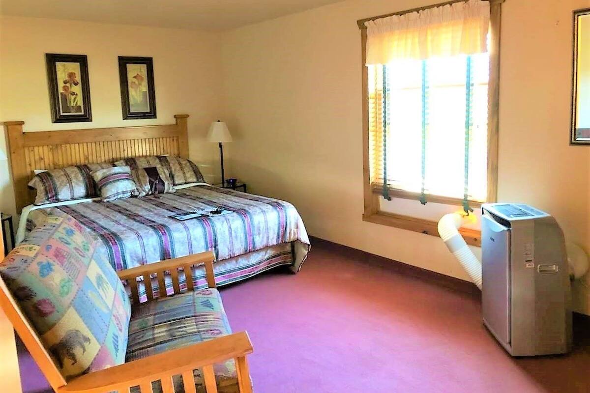 A bedroom with a bed, a chair, a desk, and a heater.